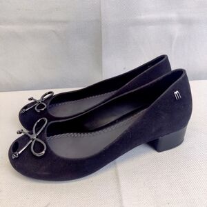 Melissa Metal Bow Peep Toe Chunky 1.25" Heel Shoes Women's Sz 5 Black Rubber